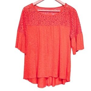 A New Approach Peasant Fairy‎ Top Size M Coral Red Crochet Flutter Sleeve Boho